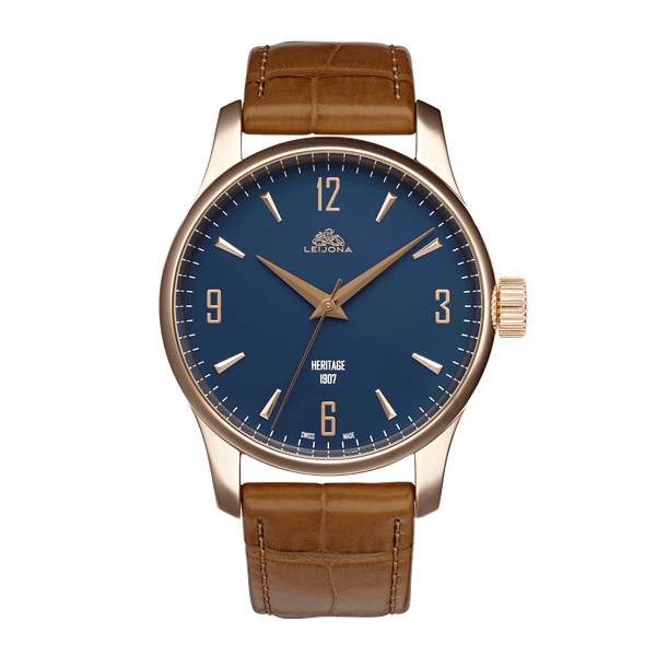 Voutilainen x Leijona Môtiers Classic wrist watch, blue dial with brown leather strap.