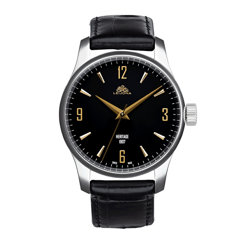 Voutilainen x Leijona Oiva Classic Graphite Black wrist watch, black dial with black leather strap.